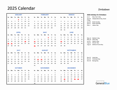 Zimbabwe current year calendar 2025 with holidays