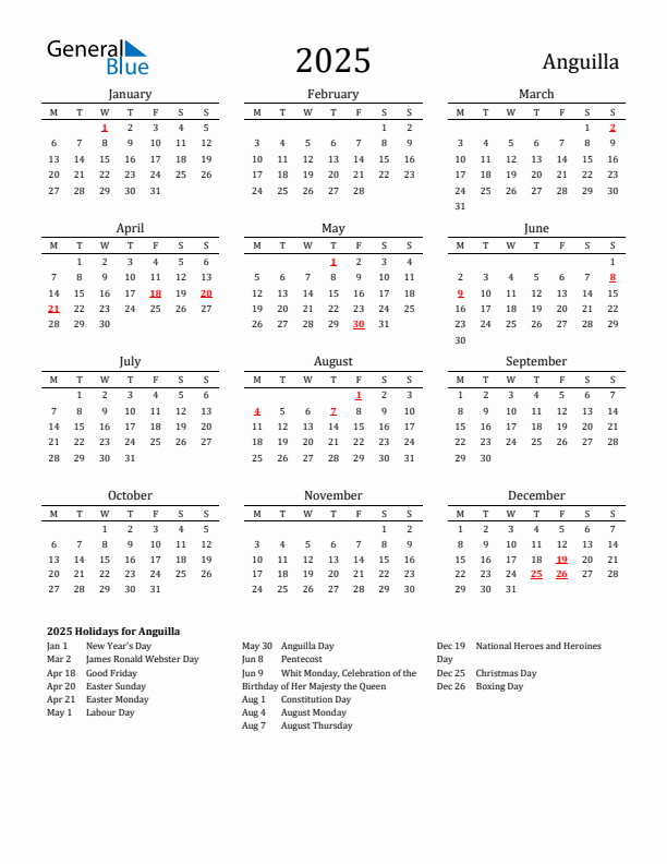 Anguilla Holidays Calendar for 2025