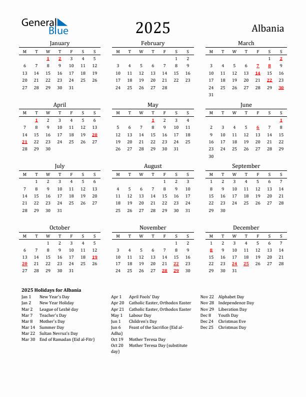 Albania Holidays Calendar for 2025