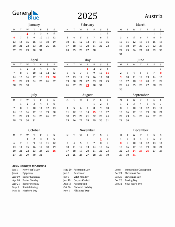 Austria Holidays Calendar for 2025