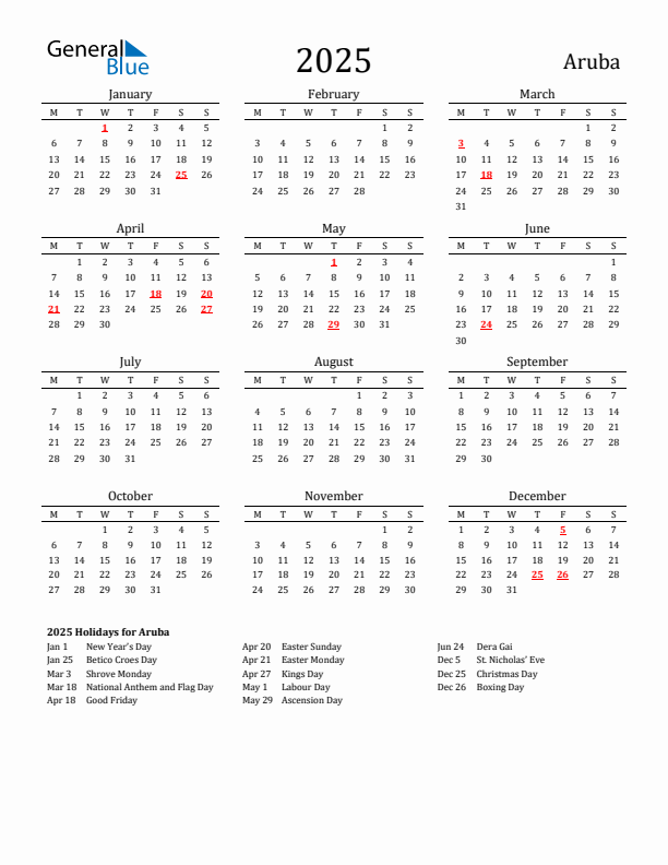 Aruba Holidays Calendar for 2025