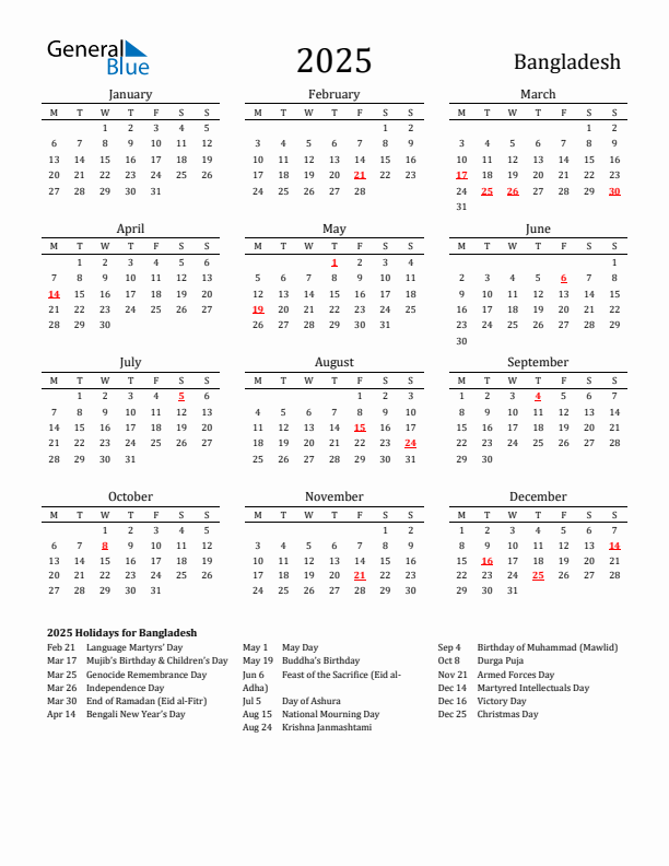 Bangladesh Holidays Calendar for 2025