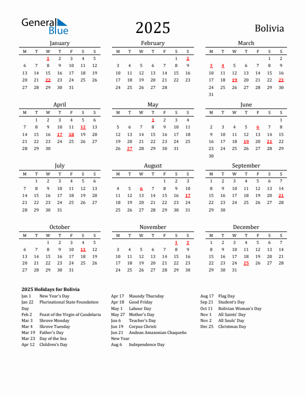 Bolivia Holidays Calendar for 2025