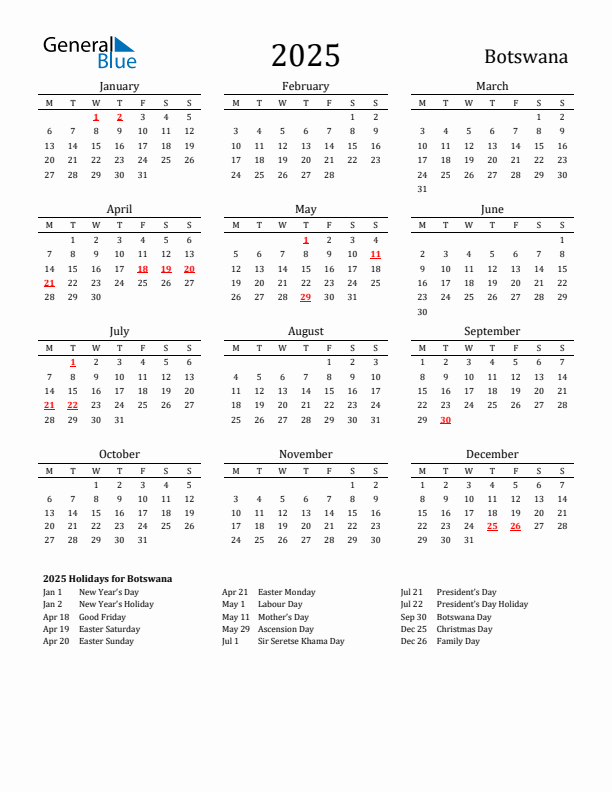 Botswana Holidays Calendar for 2025