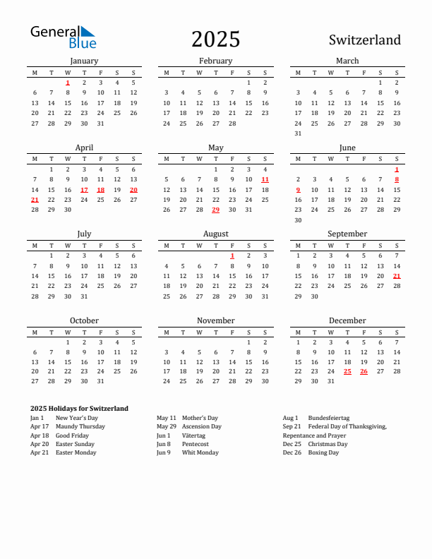 Switzerland Holidays Calendar for 2025