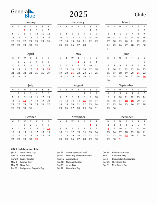 Chile Holidays Calendar for 2025