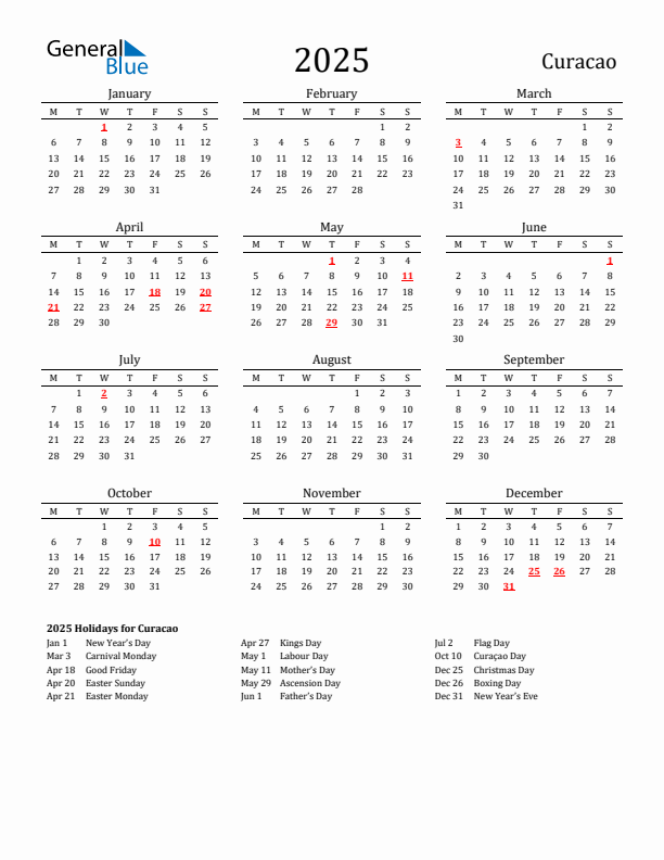 Curacao Holidays Calendar for 2025