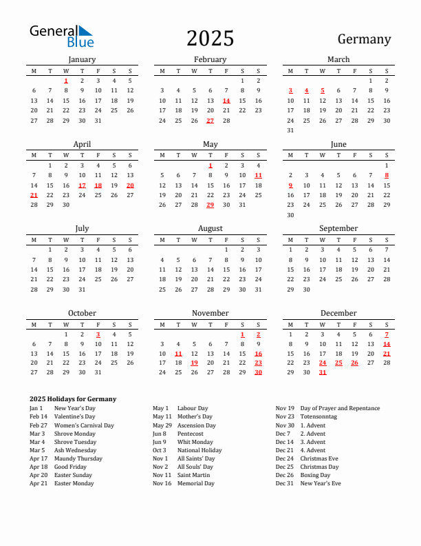 Germany Holidays Calendar for 2025