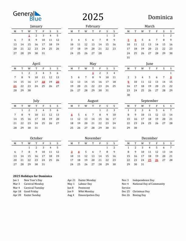 Dominica Holidays Calendar for 2025