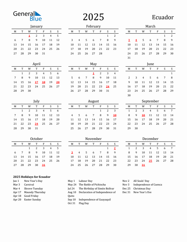 Ecuador Holidays Calendar for 2025