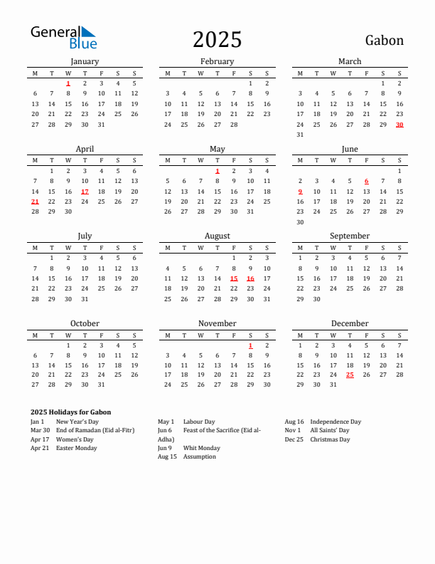 Gabon Holidays Calendar for 2025