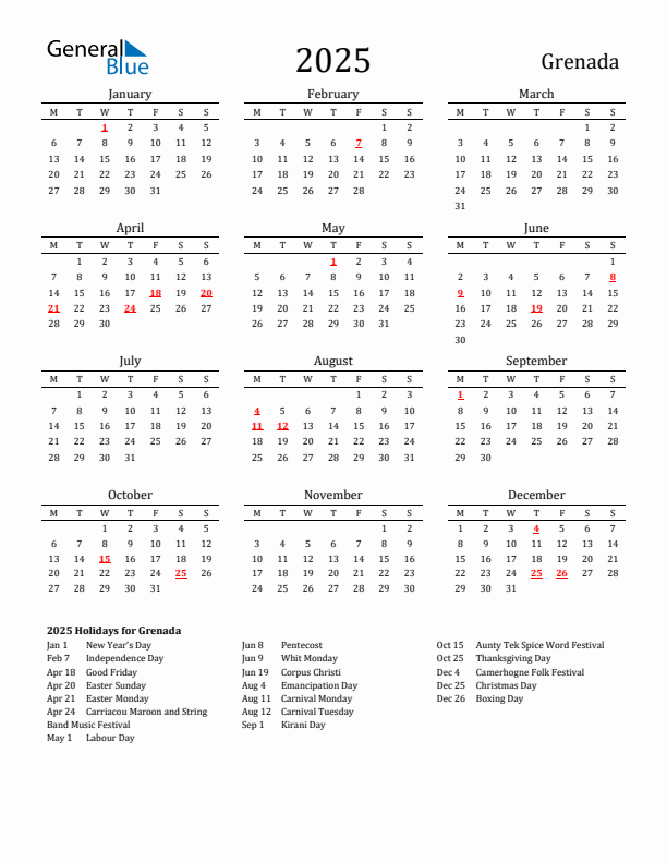 Grenada Holidays Calendar for 2025