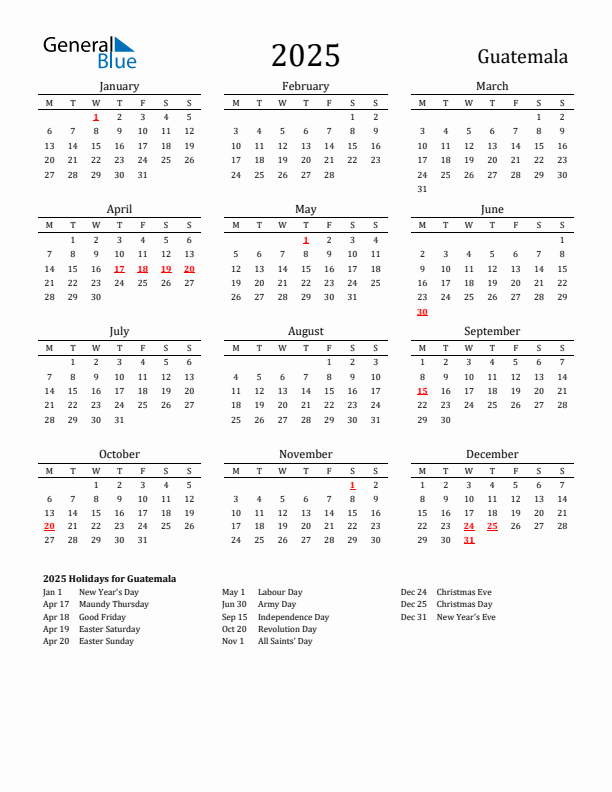 Guatemala Holidays Calendar for 2025