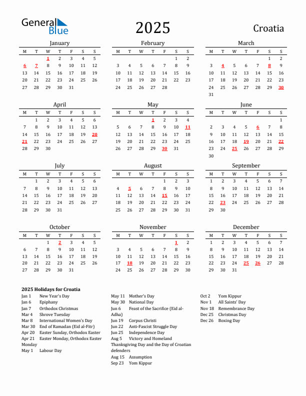 Croatia Holidays Calendar for 2025