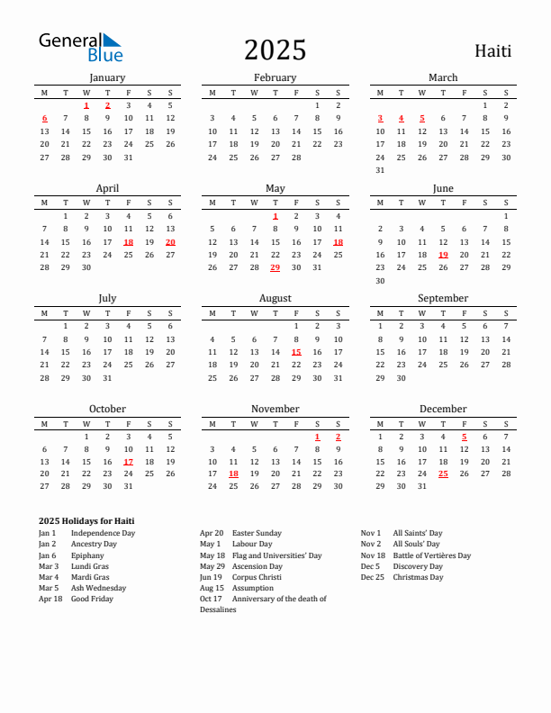 Haiti Holidays Calendar for 2025