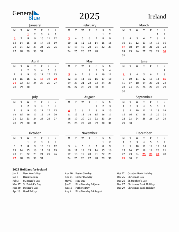 Ireland Holidays Calendar for 2025