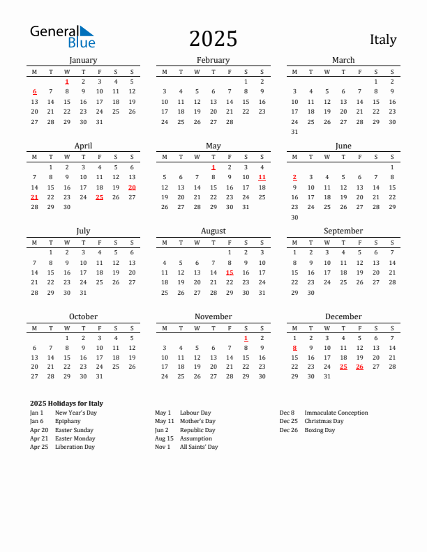 Italy Holidays Calendar for 2025