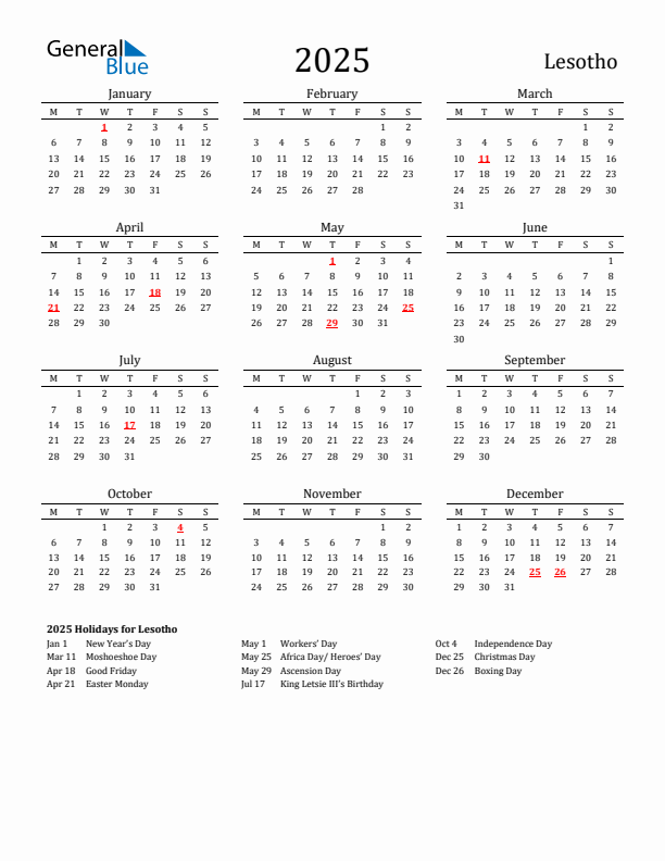 Lesotho Holidays Calendar for 2025