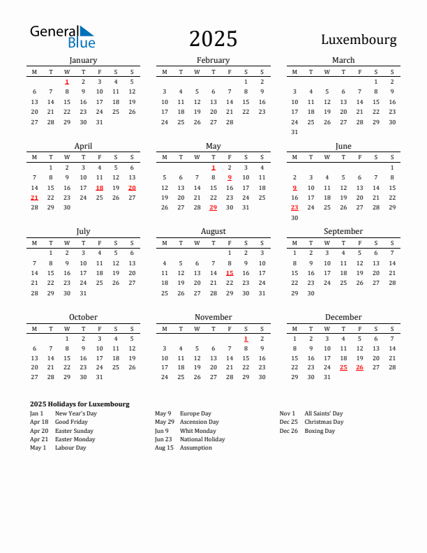 Luxembourg Holidays Calendar for 2025