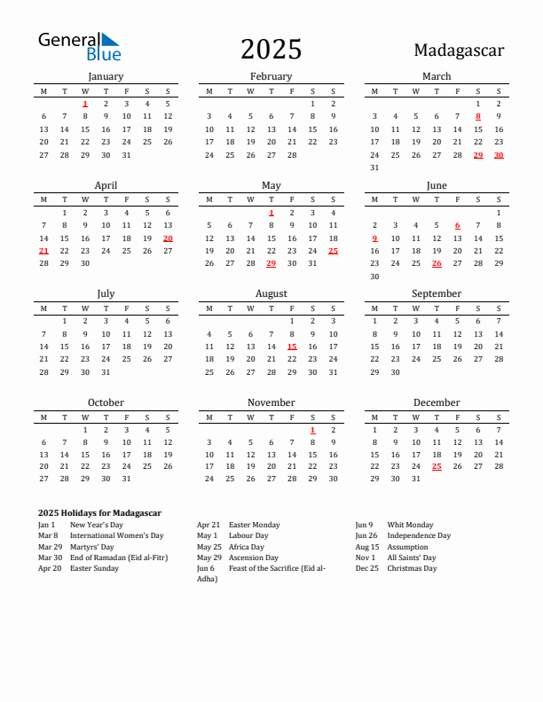 Madagascar Holidays Calendar for 2025