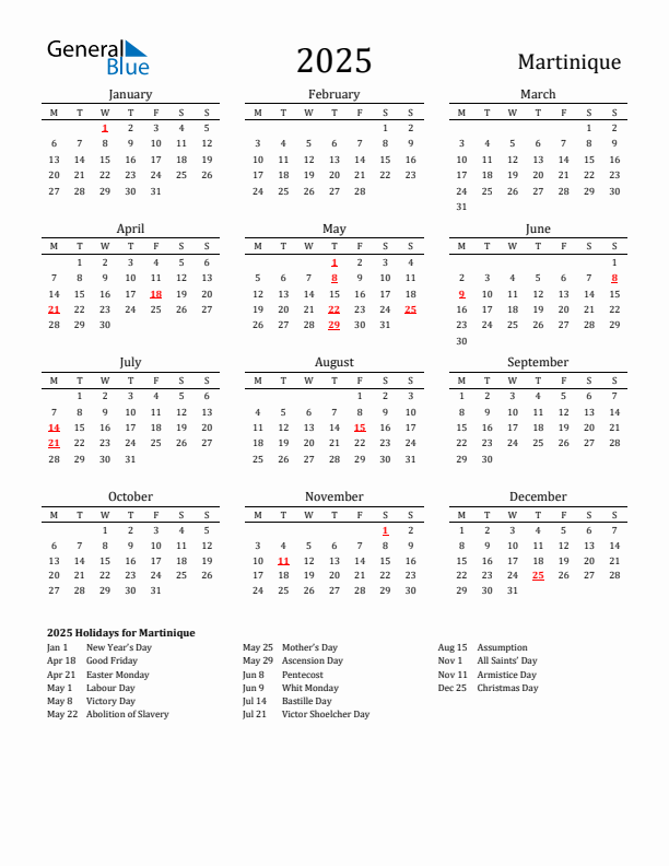 Martinique Holidays Calendar for 2025