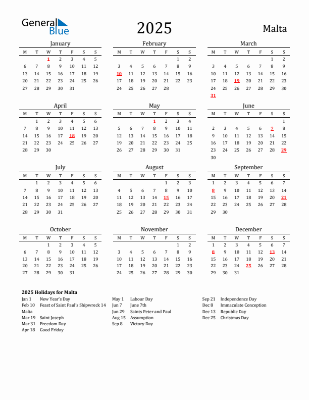 Malta Holidays Calendar for 2025