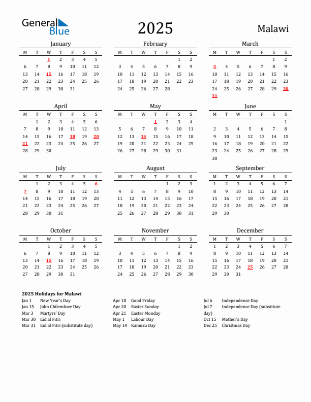 Malawi Holidays Calendar for 2025