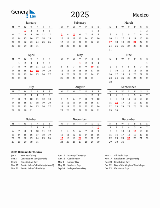 Mexico Holidays Calendar for 2025