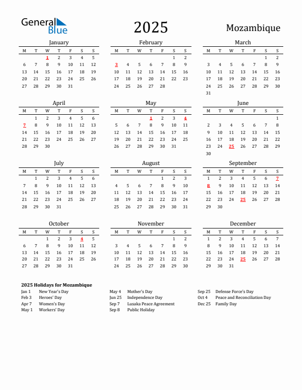 Mozambique Holidays Calendar for 2025