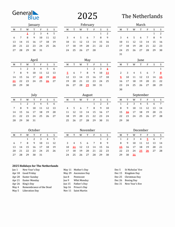 The Netherlands Holidays Calendar for 2025