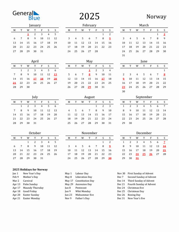 Norway Holidays Calendar for 2025