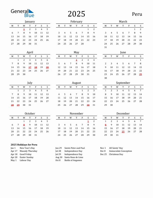 Peru Holidays Calendar for 2025