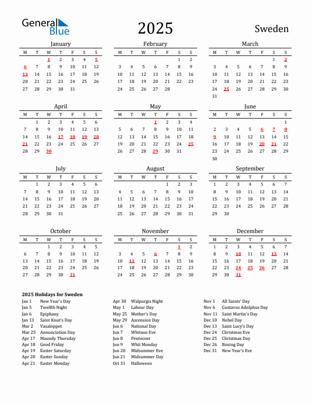 Sweden Holidays Calendar for 2025