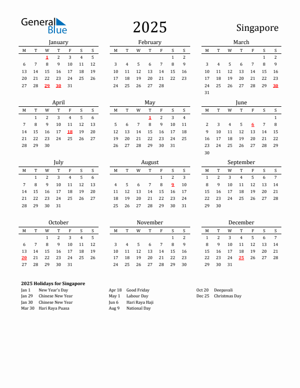 Singapore Holidays Calendar for 2025