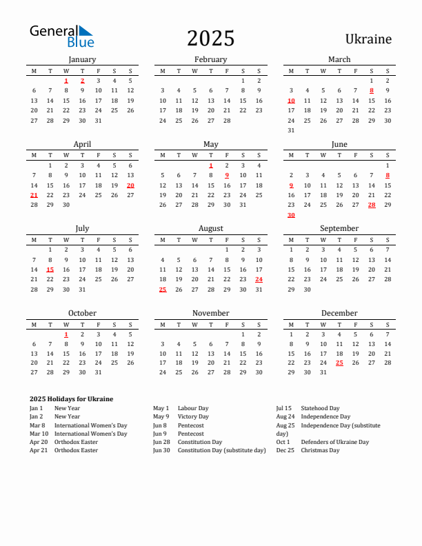 Ukraine Holidays Calendar for 2025