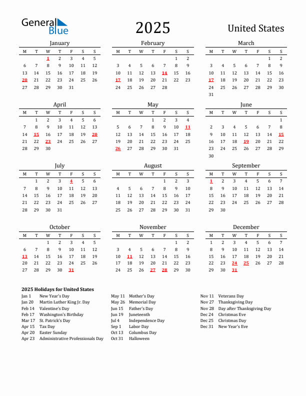 United States Holidays Calendar for 2025