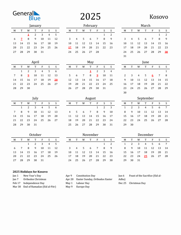 Kosovo Holidays Calendar for 2025