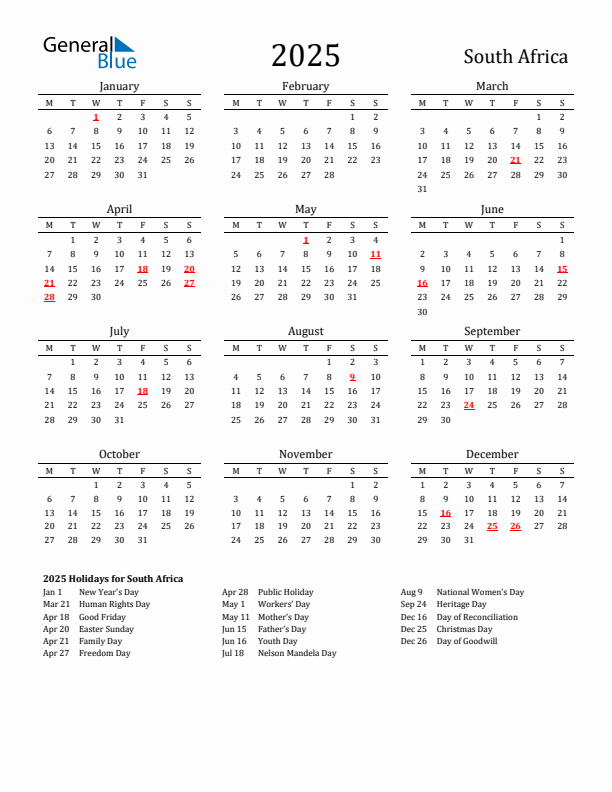 South Africa Holidays Calendar for 2025