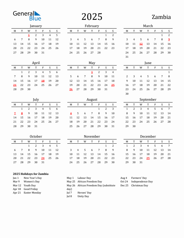 Zambia Holidays Calendar for 2025