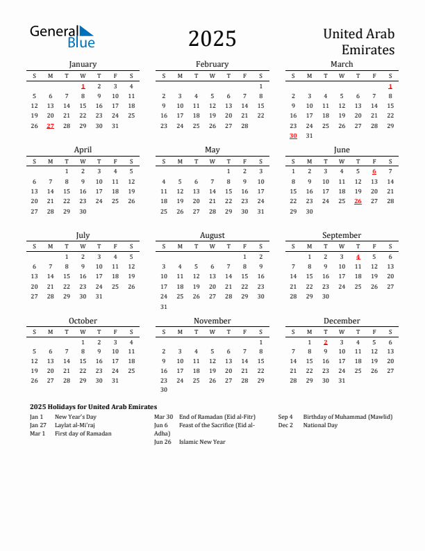 United Arab Emirates Holidays Calendar for 2025