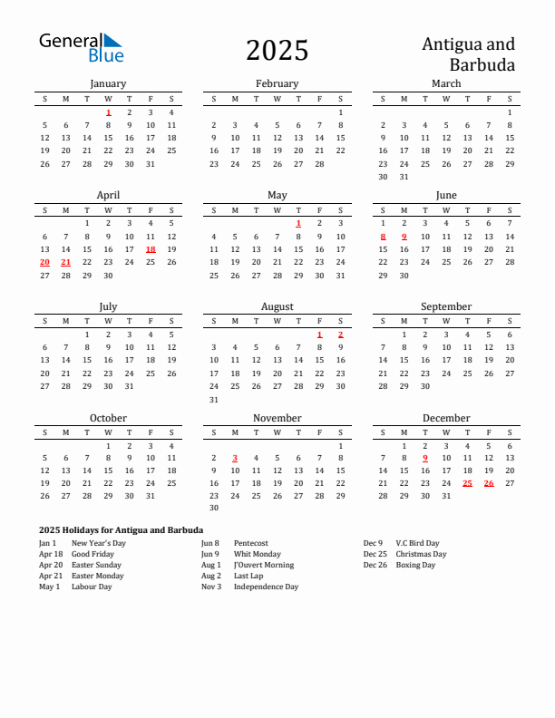 Antigua and Barbuda Holidays Calendar for 2025