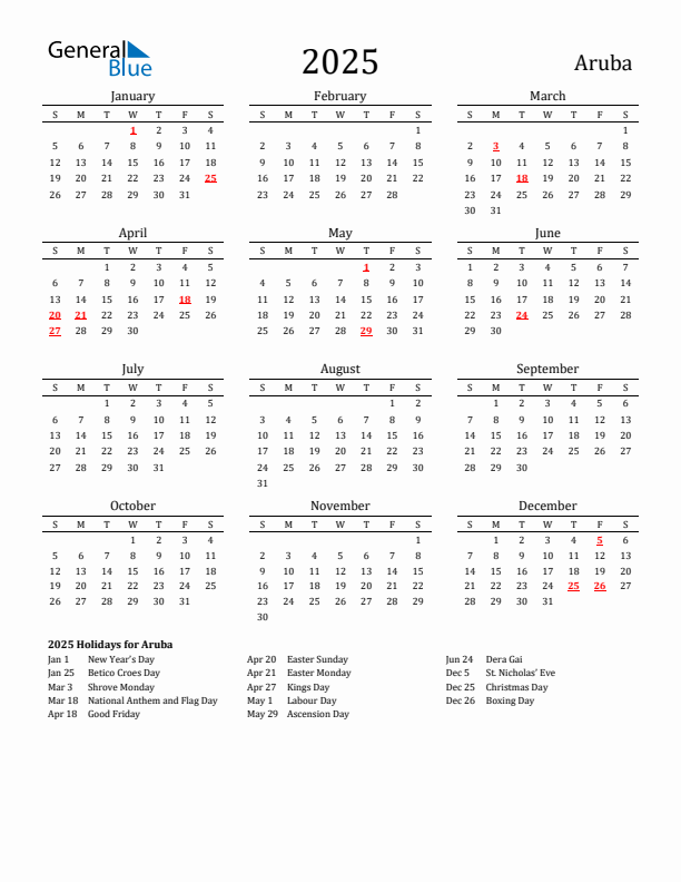 Aruba Holidays Calendar for 2025