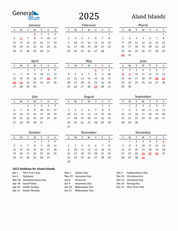 Aland Islands Holidays Calendar for 2025