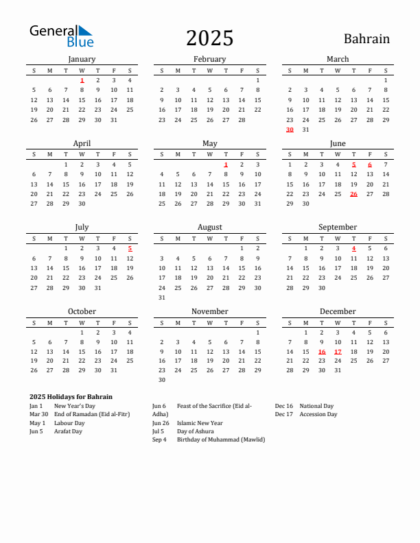 Bahrain Holidays Calendar for 2025