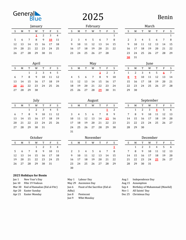 Benin Holidays Calendar for 2025