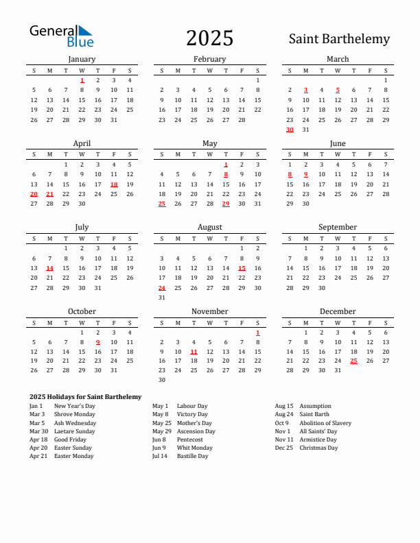 Saint Barthelemy Holidays Calendar for 2025