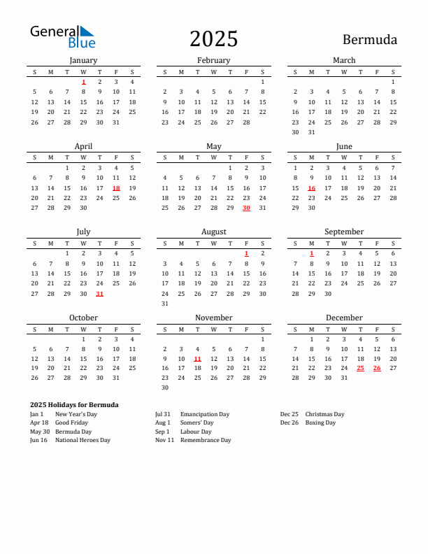 Bermuda Holidays Calendar for 2025