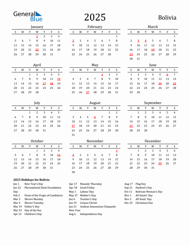 Bolivia Holidays Calendar for 2025