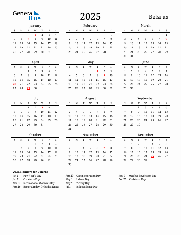 Belarus Holidays Calendar for 2025