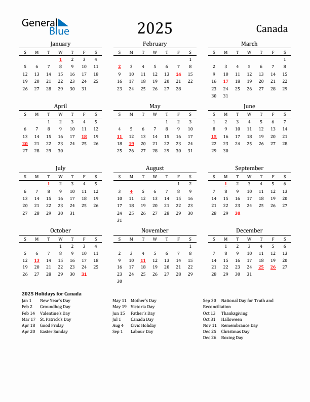 2025 Canada Calendar with Holidays